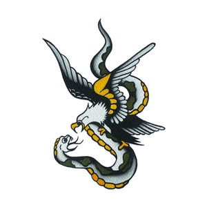 Traditional tattoo art painting print eagle snake fight