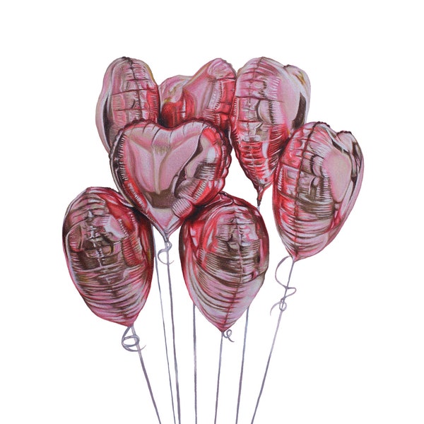 Mini art print photo realism drawing pink heart balloons colored pencil