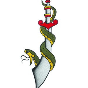 Traditional tattoo art painting print snake sword