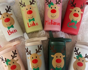 Botellas de agua navideñas con renos / Vasos infantiles con renos / Vasos infantiles navideños / Vasos navideños personalizados / Vasos infantiles navideños