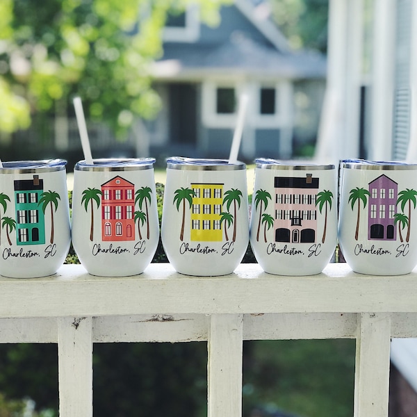 Charleston, SC Wine Tumbler / Charleston Bachelorette Party / Charleston Girls Trip / Charleston Wedding / Charleston, SC / Rainbow Row Cups