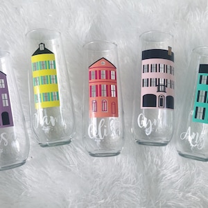Rainbow Row Champagne Flutes/ Charleston Bachelorette Party/ Charleston Bachelorette Party / Charleston Girls Trip / Coastal Bachelorette