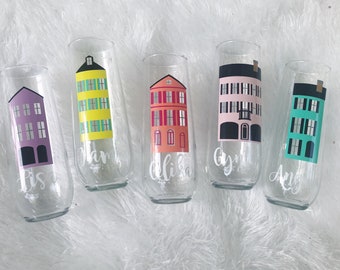 Rainbow Row Champagne Flutes/ Charleston Bachelorette Party/ Charleston Bachelorette Party / Charleston Girls Trip / Coastal Bachelorette