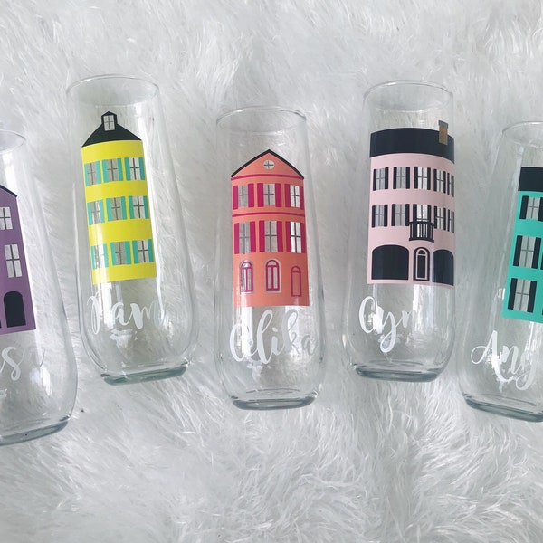 Rainbow Row Champagne Flutes/ Charleston Bachelorette Party/ Charleston Bachelorette Party / Charleston Girls Trip / Charleston Bachelorette