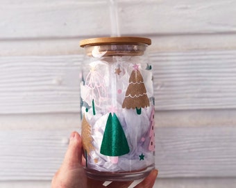 Christmas Tree Glass Can: Glitter Holiday Cup with Lid & Straw