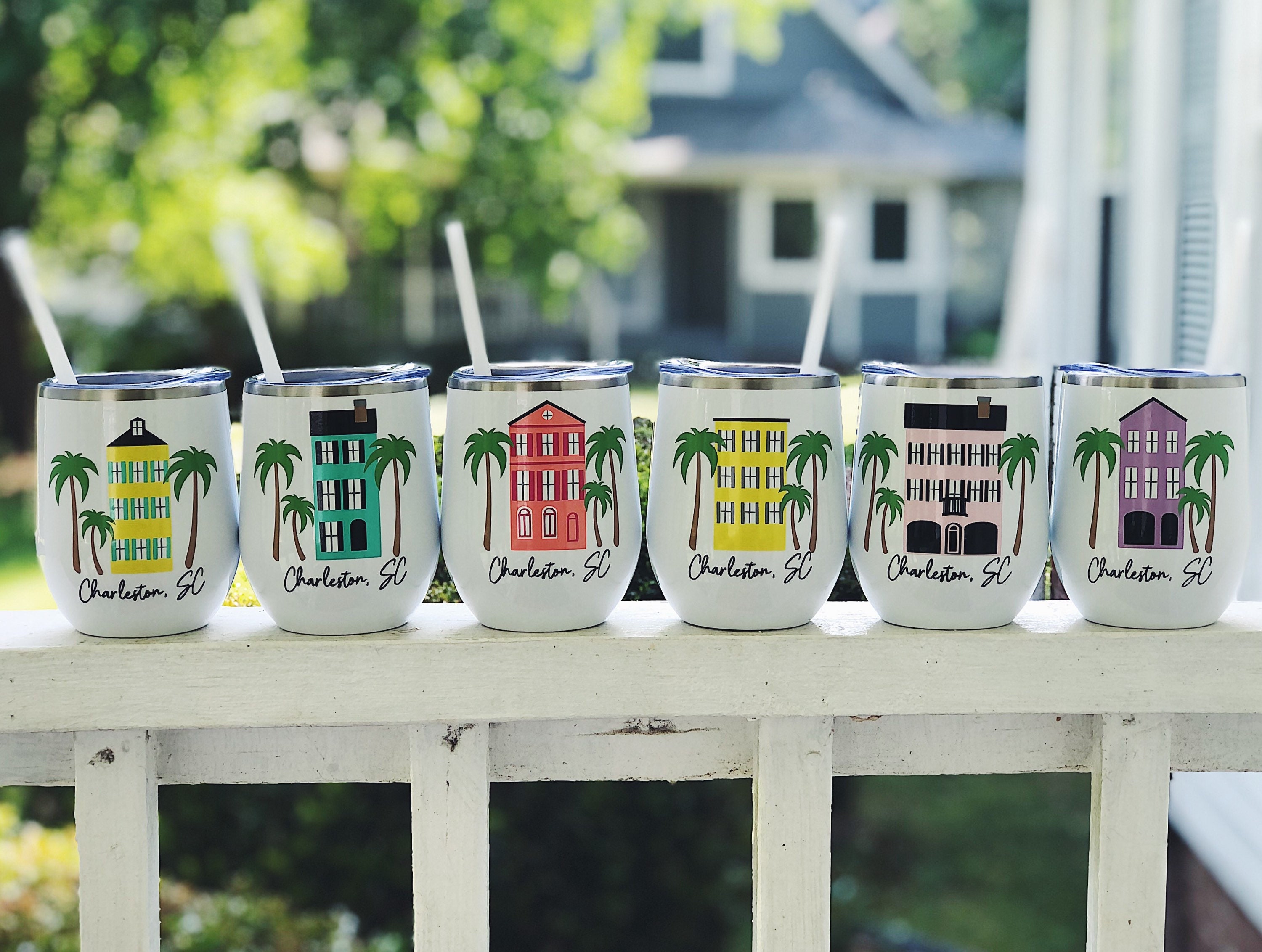 Charleston, SC Wine Tumbler / Charleston Bachelorette Party  Charleston Girls Trip  Charleston Wedding Coastal Bachelorette Rainbow Row Cups