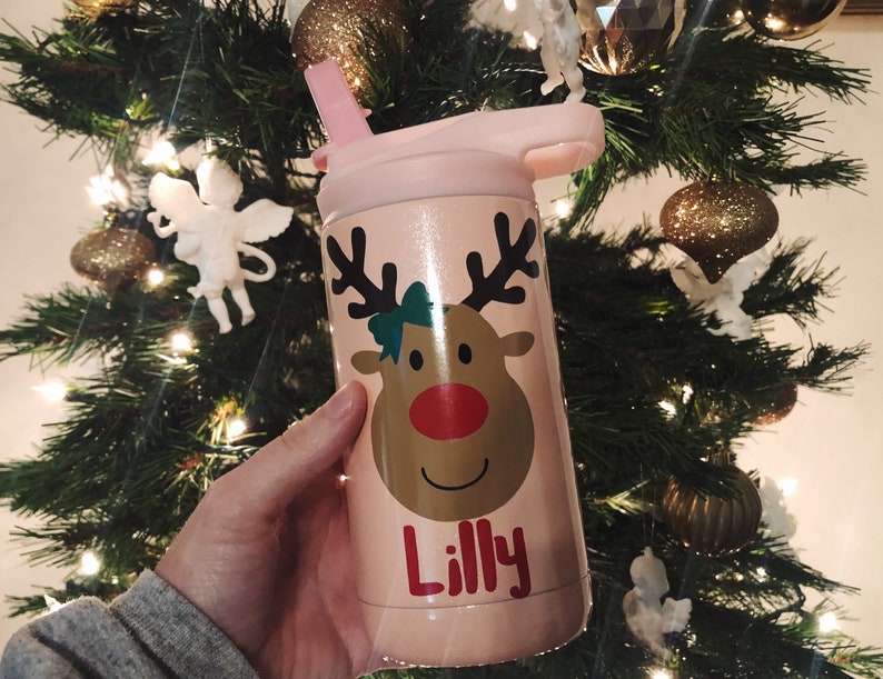 Merry Christmas Reindeer Water Bottle for Kids – Pink & Blue main image 1