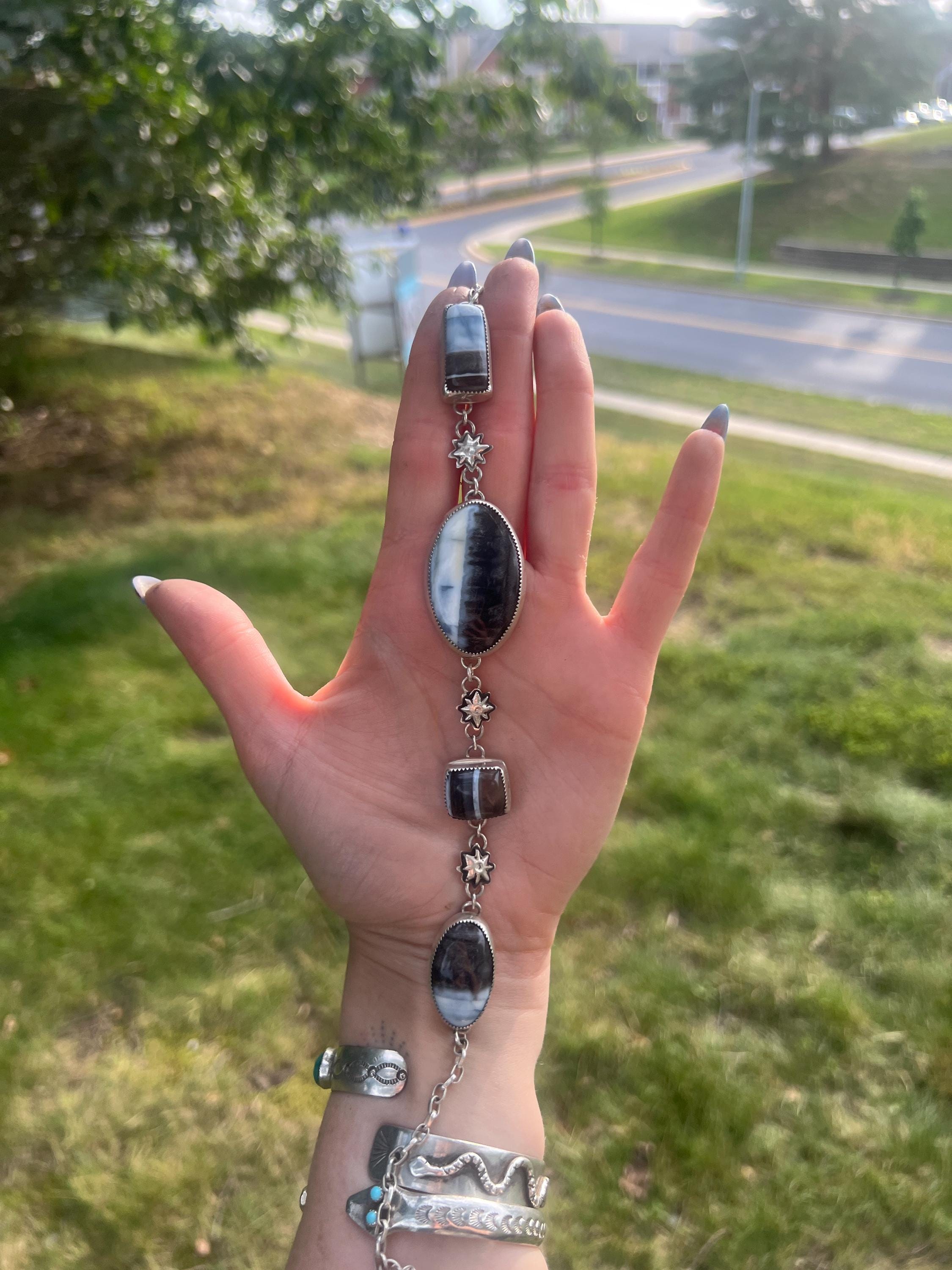 Star gazer blue banded opal and sterling silver adjustable choker
