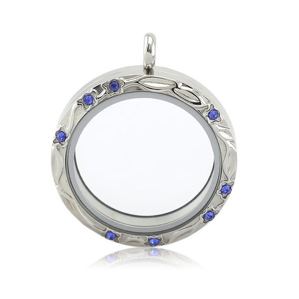 SALE! Sapphire Blue Crystal Floral Stainless Steel Large Twist Top Memory Locket For Floating Charms, Waterproof Seal, Top Quality Gift