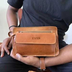 Leather Men's Clutch Bag Handbag Organizer Leather Hand Pouch Toiletry Bag travel compact men women sale Dopp Kit Travel Kit, Wrist Bag zdjęcie 1