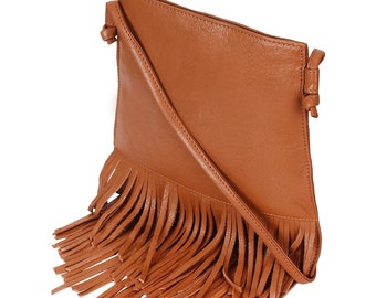 Full Grain Leather Fringe Purse and Handbag - Boho Crossbody Purses Fringe hobo bags Leather Hobo Bag  for Women with Tassel ( Brown, Black)