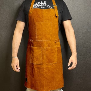 Leather Workshop Apron with Pockets, Custom, Personalized Bar Apron, Embroidered Kitchen Apron, Barbeque Apron Gifts for Dad Gifts for Him image 2