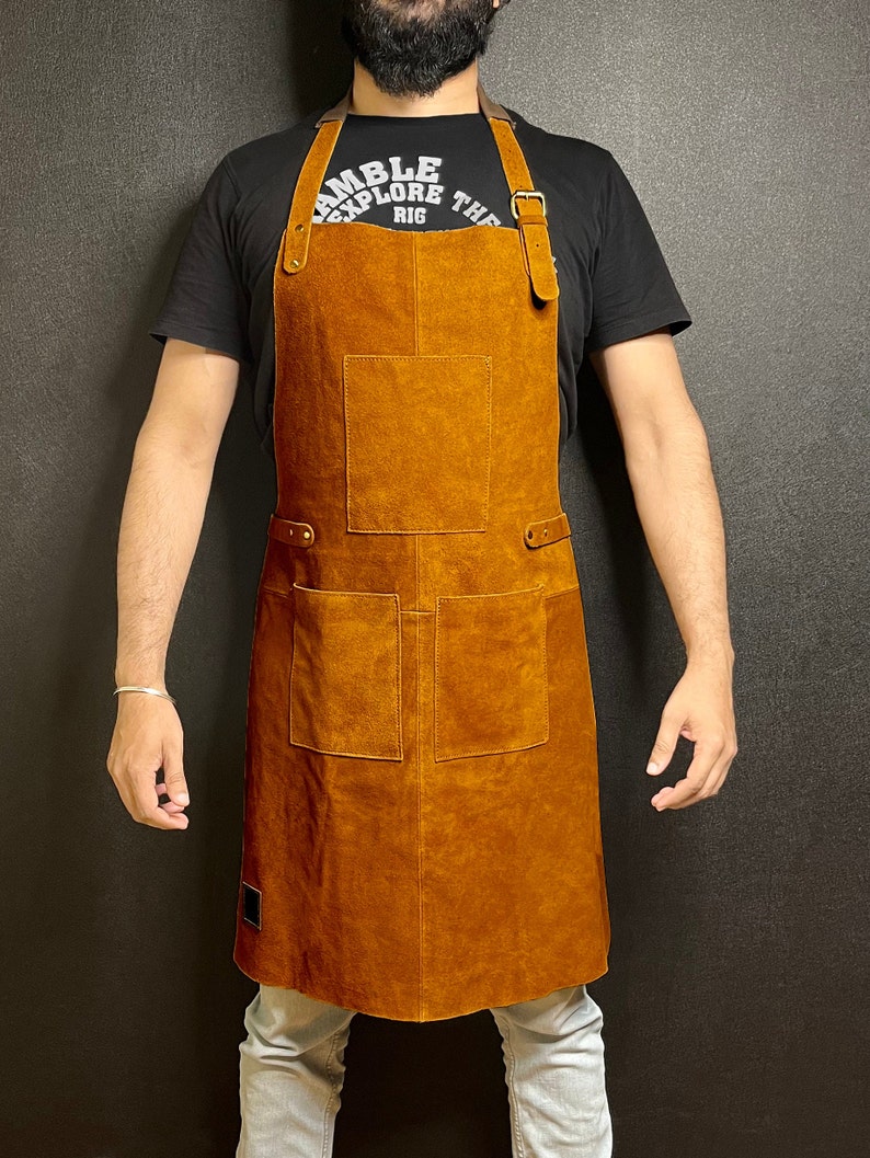 Leather Workshop Apron with Pockets, Custom, Personalized Bar Apron, Embroidered Kitchen Apron, Barbeque Apron Gifts for Dad Gifts for Him image 2