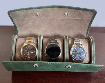 Leather Watch Case, Watch Roll for 3 Watches, Groom Gift, Christmas Gifts, Gift for Him, Roll Up Watch Case Watch roll storage box