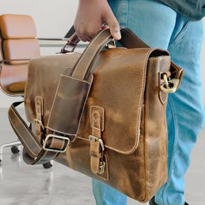 Leather Satchel Tan Briefcase Messenger Bag Laptop Bag Shoulder Bag For Women Gift For Men Office Bag Work Briefcase Rustic Large Satchel image 7