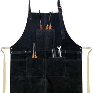 Leather Workshop Apron with Pockets, Custom, Personalized Bar Apron, Embroidered Kitchen Apron, Barbeque Apron Gifts for Dad Gifts for Him Midnight Blue