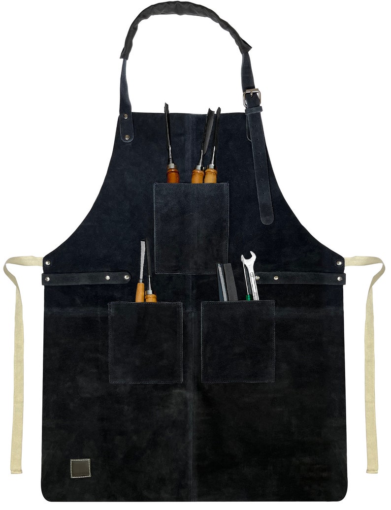Leather Workshop Apron with Pockets, Custom, Personalized Bar Apron, Embroidered Kitchen Apron, Barbeque Apron Gifts for Dad Gifts for Him Midnight Blue