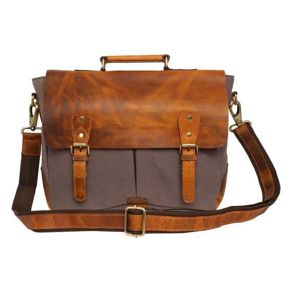 Leather Canvas Bag Crossbody Messenger Bag 14 Laptop | Etsy