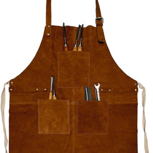 Leather Workshop Apron with Pockets, Custom, Personalized Bar Apron, Embroidered Kitchen Apron, Barbeque Apron Gifts for Dad Gifts for Him Tan