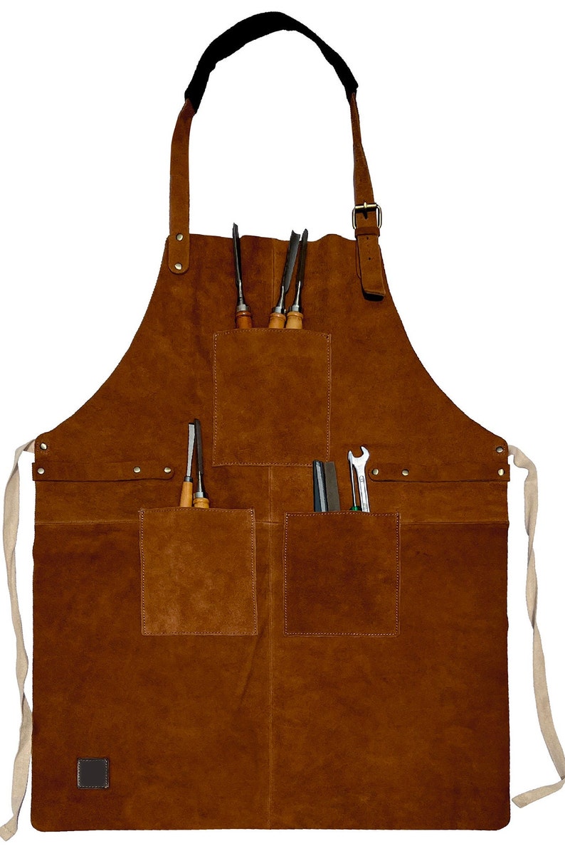 Leather Workshop Apron with Pockets, Custom, Personalized Bar Apron, Embroidered Kitchen Apron, Barbeque Apron Gifts for Dad Gifts for Him Tan