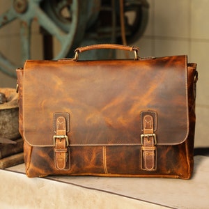 Leather Satchel Tan Briefcase Messenger Bag Laptop Bag Shoulder Bag For Women Gift For Men Office Bag Work Briefcase Rustic Large Satchel image 6