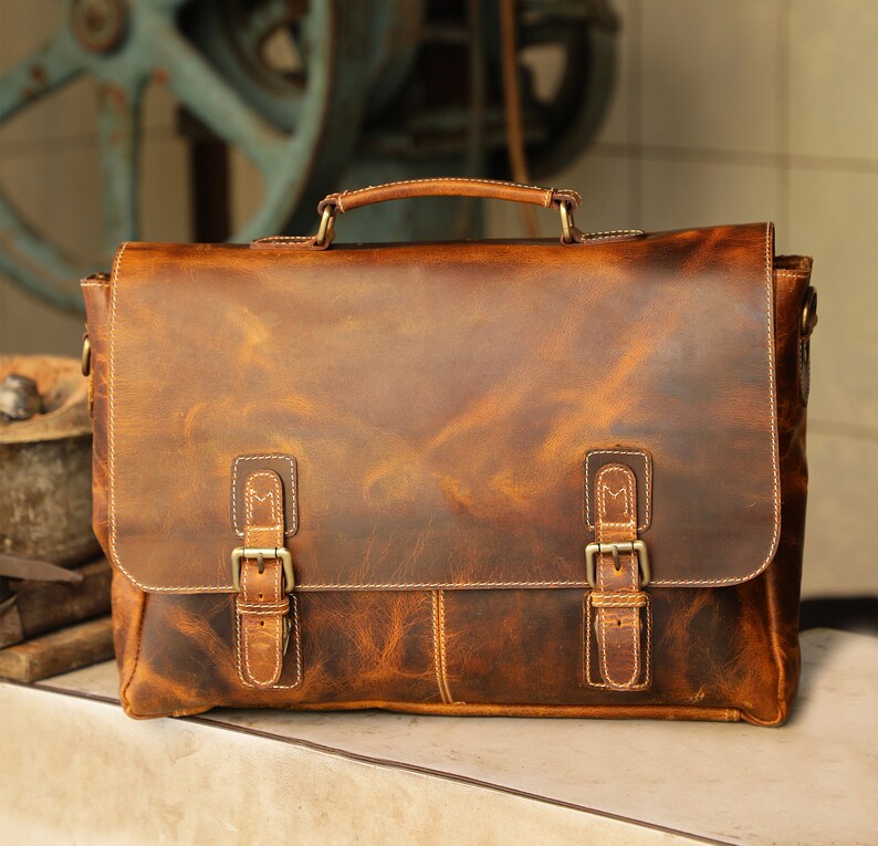 Leather Satchel Tan Briefcase Messenger Bag Laptop Bag Shoulder Bag For Women Gift For Men Office Bag Work Briefcase Rustic Large Satchel image 6