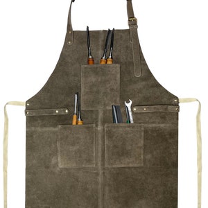 Leather Workshop Apron with Pockets, Custom, Personalized Bar Apron, Embroidered Kitchen Apron, Barbeque Apron Gifts for Dad Gifts for Him Gray