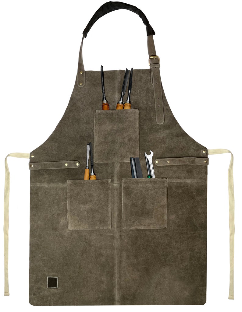 Leather Workshop Apron with Pockets, Custom, Personalized Bar Apron, Embroidered Kitchen Apron, Barbeque Apron Gifts for Dad Gifts for Him Gray