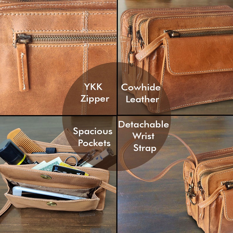 Leather Men's Clutch Bag Handbag Organizer Leather Hand Pouch Toiletry Bag travel compact men women sale Dopp Kit Travel Kit, Wrist Bag zdjęcie 6
