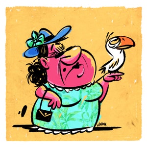 IMPRIMIR: Bird Lady Cartoon, 8.5"x8.5" Square Print