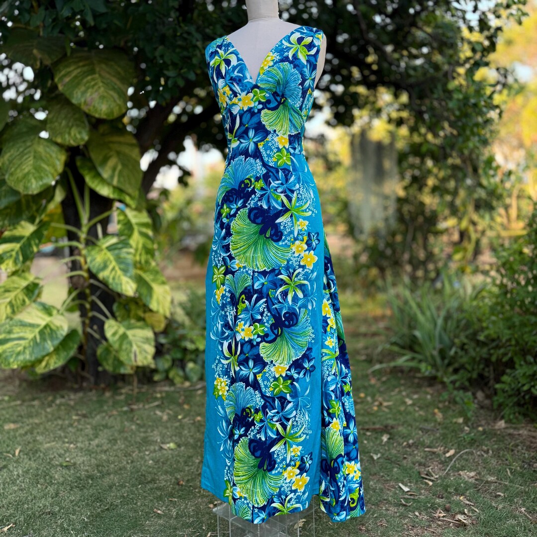 Vintage Hawaiian Maxi Dress | 60s/70s Tropical Floral V-neck Gown ...