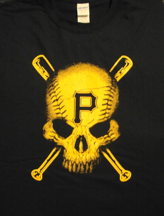 ShirtOasis Pittsburgh Pirates Baseball T-Shirt Size Youth Small Pittsburgh Baseball BaseSkull & CrossBats Raise The Jolly Rodger Black and Gold New!