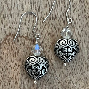 Antique silver filigree heart earrings