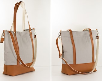 Ledertasche/Shopper Annik - Leder Canvas hellgrau