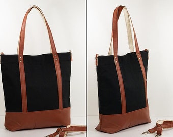 Ledertasche/Shopper Annik - Leder Canvas schwarz