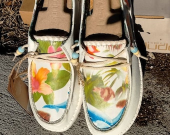 Custom hey dudes with painted soft leather and beaded. Beach life