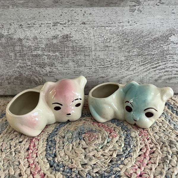 Vintage Shawnee Pottery Small Dog Planters. Succulent Planter. Set of 2. Pink/Blue