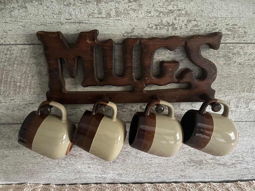 Vintage Wood Carved MUGS Rack/two Toned Brown Stoneware Coffee Cups Set ...