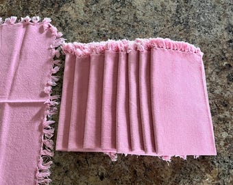 Vintage Pink Cloth Fringed Table Napkins. Set of 9. 1970’s/80’s