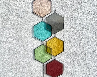 big colorful honeycomb stained glass mobile in pastels,stained glass suncatcher,window hanging,home decor,wall hanging,stained glass chime