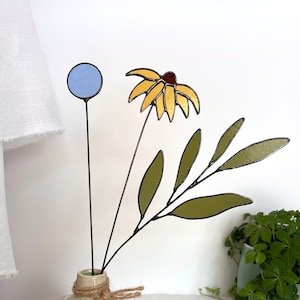 BOUQUET-set of 3 stems-black eyed susan,globe thistle,sage,stained glass bouquet,everlasting stained glass flowers,window suncatcher image 1