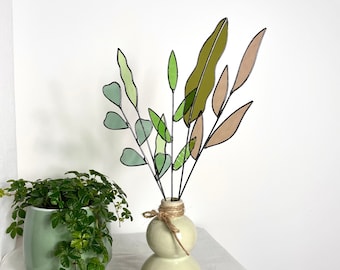 Twigs and leaves-set of 5 stems,stained glass bouquet,stained glass laves,everlasting bouquet,artificial plant,twigs in vase,green twigs