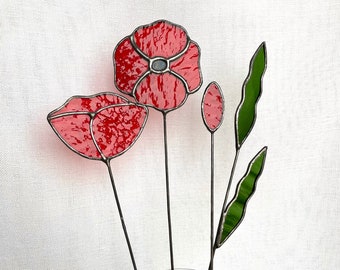 red poppy bouquet,set of 4 stems,stained glass flowers,everlasting bouquet,stained glass poppies bouquet,flowers plant stake