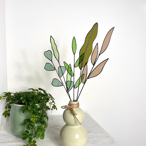 Twigs and leaves-set of 5 stems,stained glass bouquet,stained glass laves,everlasting bouquet,artificial plant,twigs in vase,green twigs
