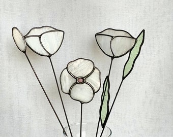 white poppy bouquet,set of 5 stems,stained glass flowers,everlasting bouquet,stained glass poppies bouquet,flowers plant stake