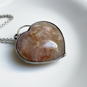 FLOWER AGATE puffy heart necklace,flower agate necklace,silver gemstone necklace,flower agate pendant,layering gemstone necklace