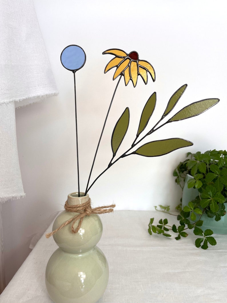 BOUQUET-set of 3 stems-black eyed susan,globe thistle,sage,stained glass bouquet,everlasting stained glass flowers,window suncatcher image 1