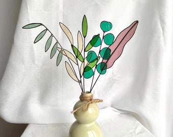 Brindilles et feuilles-ensemble de 5 tiges, bouquet de vitraux, laves de vitraux, bouquet immortel, plante artificielle, brindilles dans un vase, brindilles vertes
