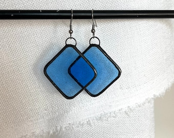 sky blue earrings with stainles steel hooks,dangle earrings,statement earrings,stained glass earrings,square earrings,big earrings