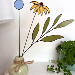 BOUQUET-set of 3 stems-black eyed susan,globe thistle,sage,stained glass bouquet,everlasting stained glass flowers,window suncatcher image 2